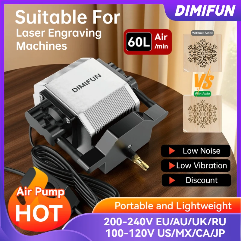 DIMIFUN 110V/220V Air Assist Compressor 28W Laser Air Assist Pump for Laser Cutter and Engraver Adjustable 60 L/Min