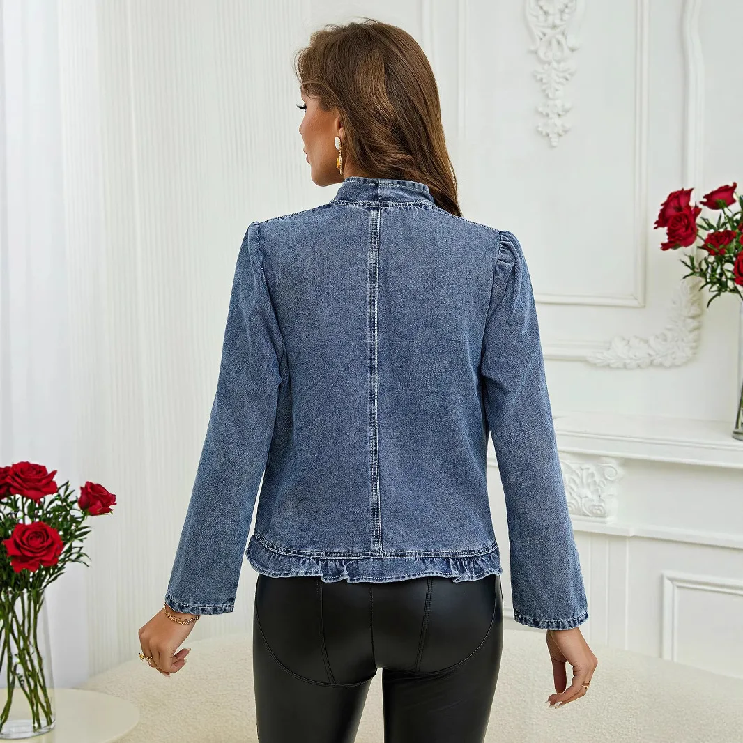 Women's denim jacket 2026 European and American ruffle edge buttonless spring/summer thin long sleeved top
