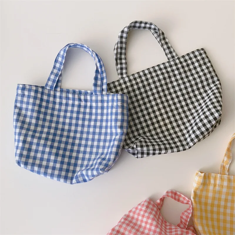 Portable Women\'s Bento Handbags Simple Plaid Ladies Small Tote Purse Shoulder Bags Retro Female Cloth Reusable Shopping Bag