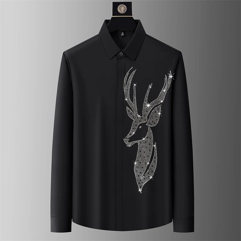High-End Stretchy Silky Shirts For Men Long Sleeve Casual Trendy Summer Ice Quality Seamless Hotfit Rhinestone Camisas De Hombre