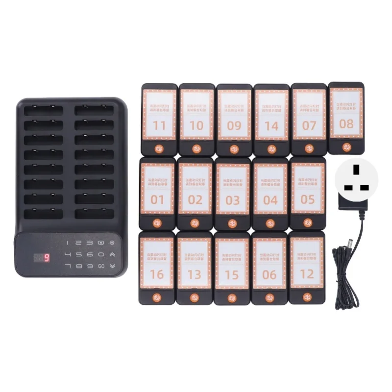 نظام النداء للمطاعم نظام طابور الاتصال اللاسلكي مطعم انتظار الطنانات الاهتزاز 16 جهاز النداء للضيوف 100-240 فولت المملكة المتحدة التوصيل #1