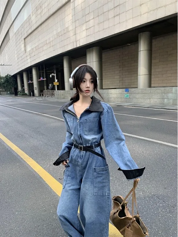 

Retro Patchwork Color Workwear Denim Overalls Long Sve Women's Loose Wide Leg Pants High Waist Overall Pants Jeans