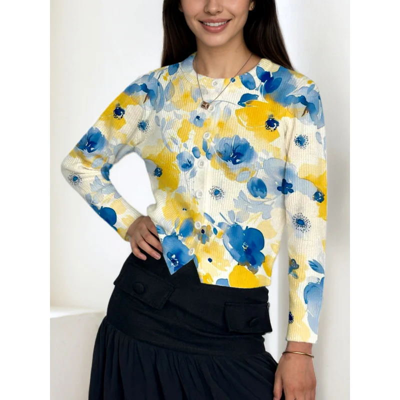 

Autumn Winter New Korean Style Blue & Yellow Gradient Print Girl Sweater Knit Cardigan Warm Loose Round Neck Long Sleeve