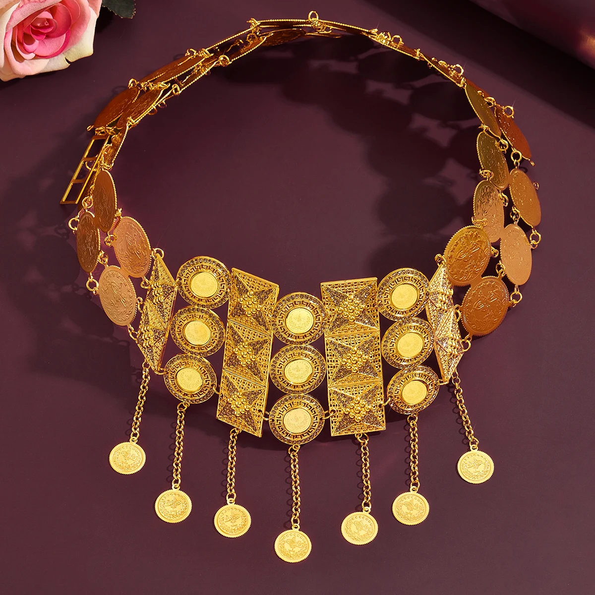 

Middle Eastern Vintage Carved Coin Tassel Belt, Geometric Hollow Inlaid Adjustable Waistband for Bridal Wedding Gown Party Stage