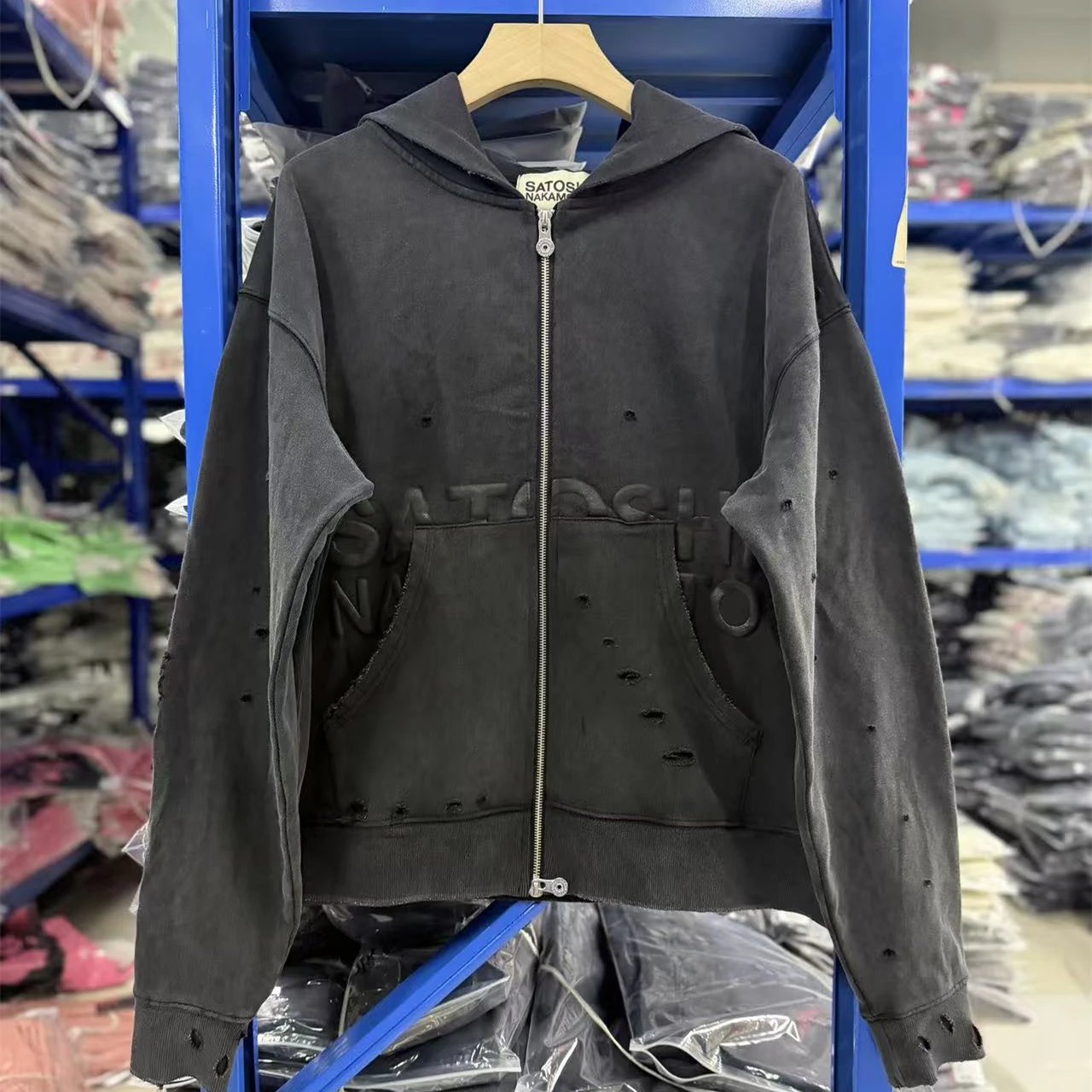 Washed Satoshi Nakamoto 27SS Men's Black Elliott Distressed Logo Zip Hoodie Men Women Best Quality Hooded Pullover