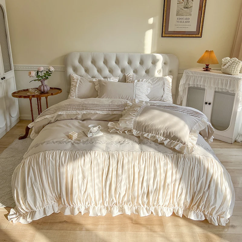 

100% Cotton French Princess Bedding Set Pleated Edge Flower Embroidery US Size Duvet Cover Ruffle Bed Skirt Bedspread Pillowcase