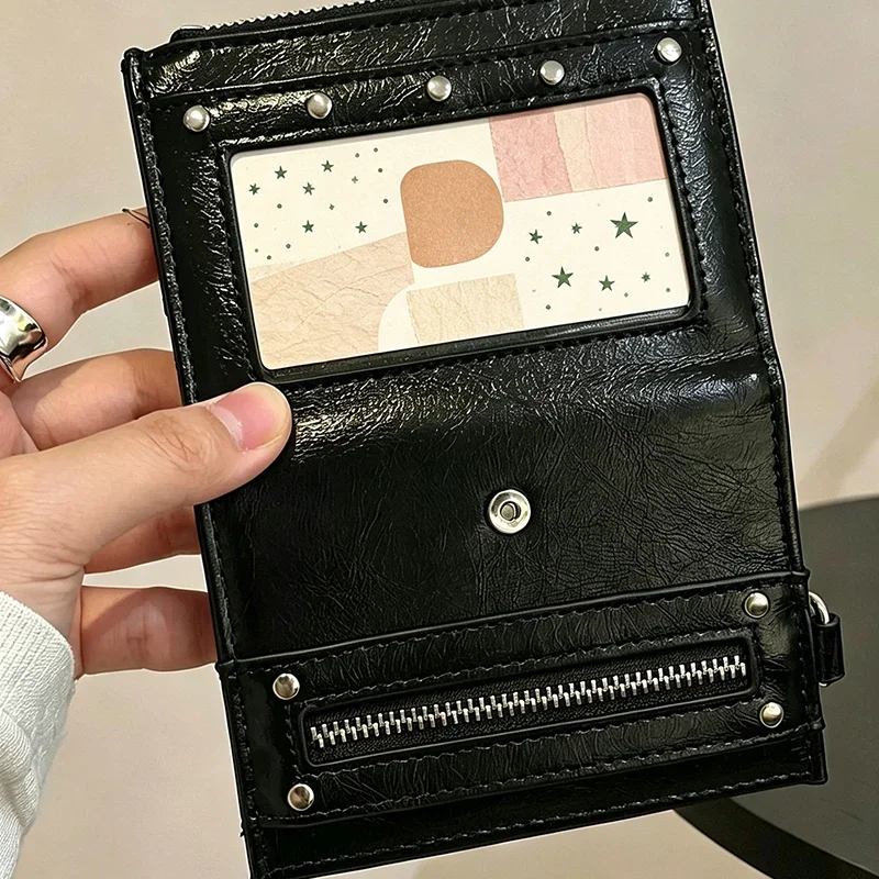 Y2k Solid Color Korean Leather Purse Rivet Decor Card Holder Simple Zippered Multifunctional Bus Card Rice Card Storage Bag