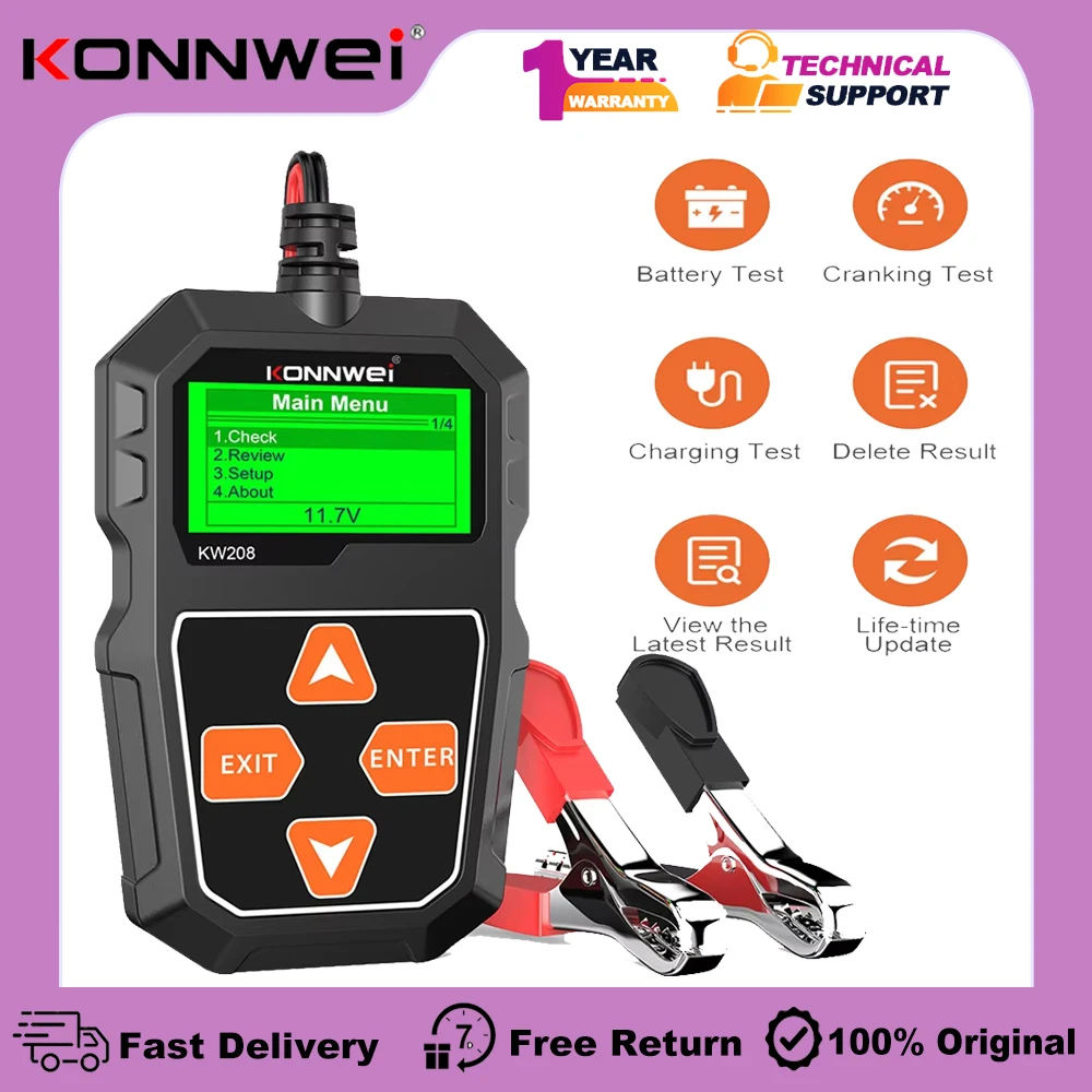 

KONNWEI KW208 Car Battery Tester 12V Motorcycle Battery Analyzer 100-2000 CCA Power Load Plug Charging Cranking Circuit Tester