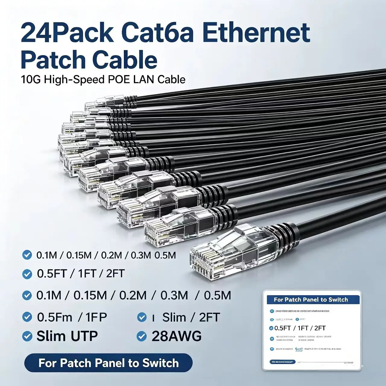 24Pack Cat6A Slim UTP Ethernet Patch Cable, 0.1-0.5M Short LAN Wire, 10G POE 28AWG Network Cable for CAT6A Switch Patch Panel