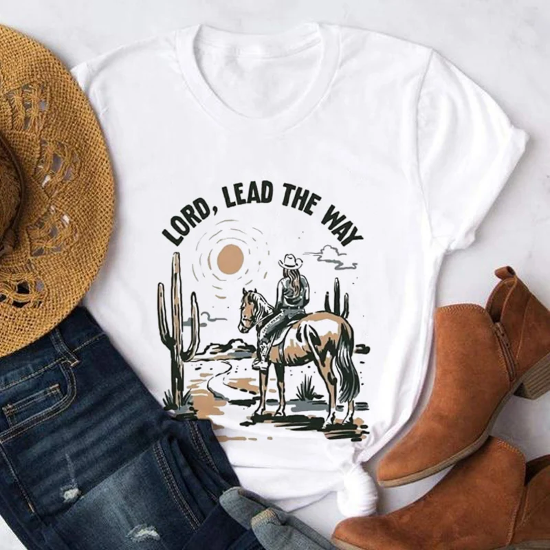 Lord Lead The Way Cowgirl Desert Cactus Western Graphic Tee Shirt Women Jesus Christian T-Shirt Retro Vintage Tshirts Cute Tops