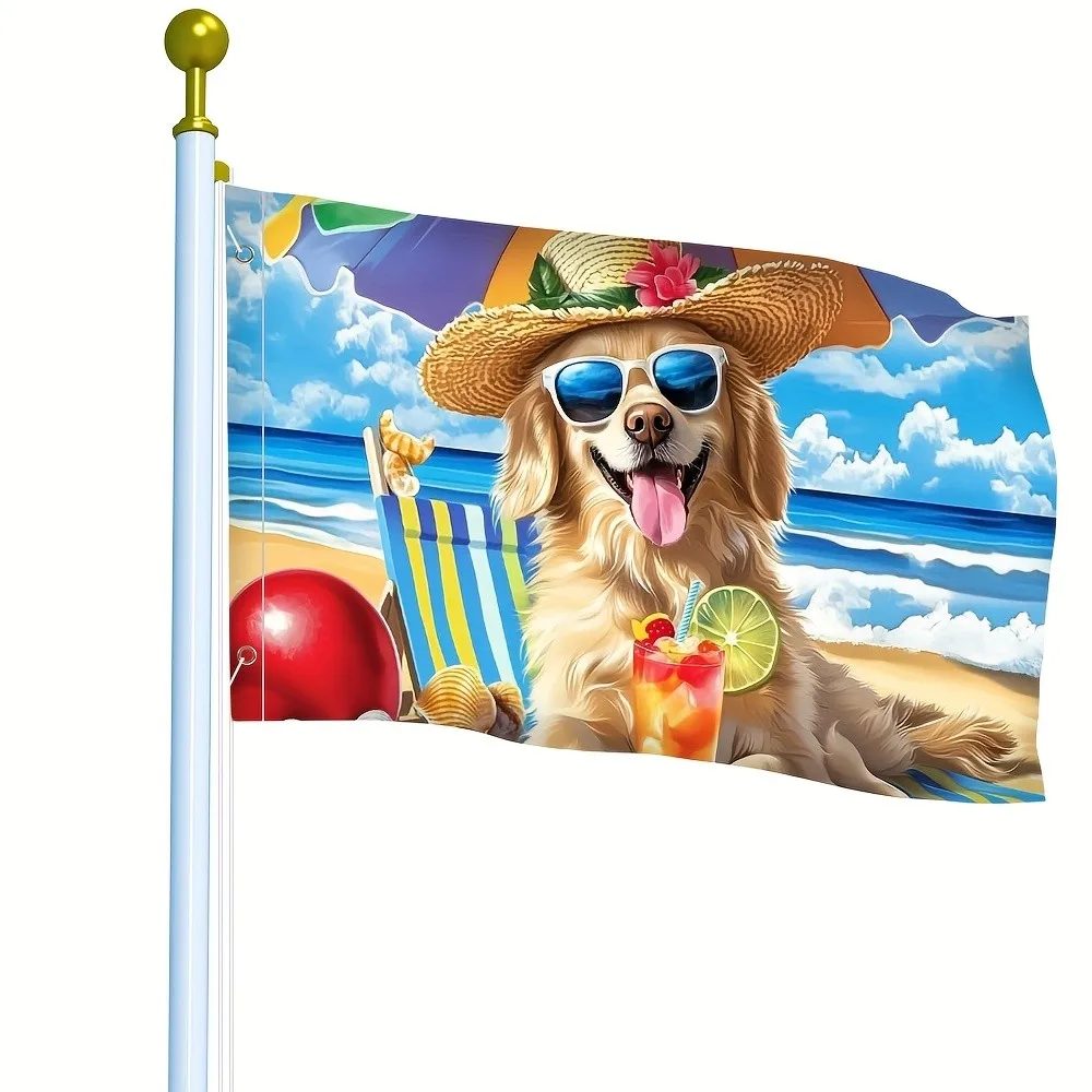 Funny Summer Beach Dog Flag Golden Retriever Garden Yard Decoration Polyester Outdoor House Banner