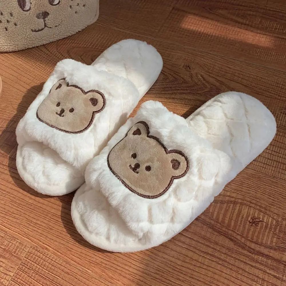 Warme Fuzzy Plüschbär Hausschuhe Gitter Cartoon Casual Hausschuhe Winter Bequeme rutschfeste flache Plüschschuhe für den Innenbereich