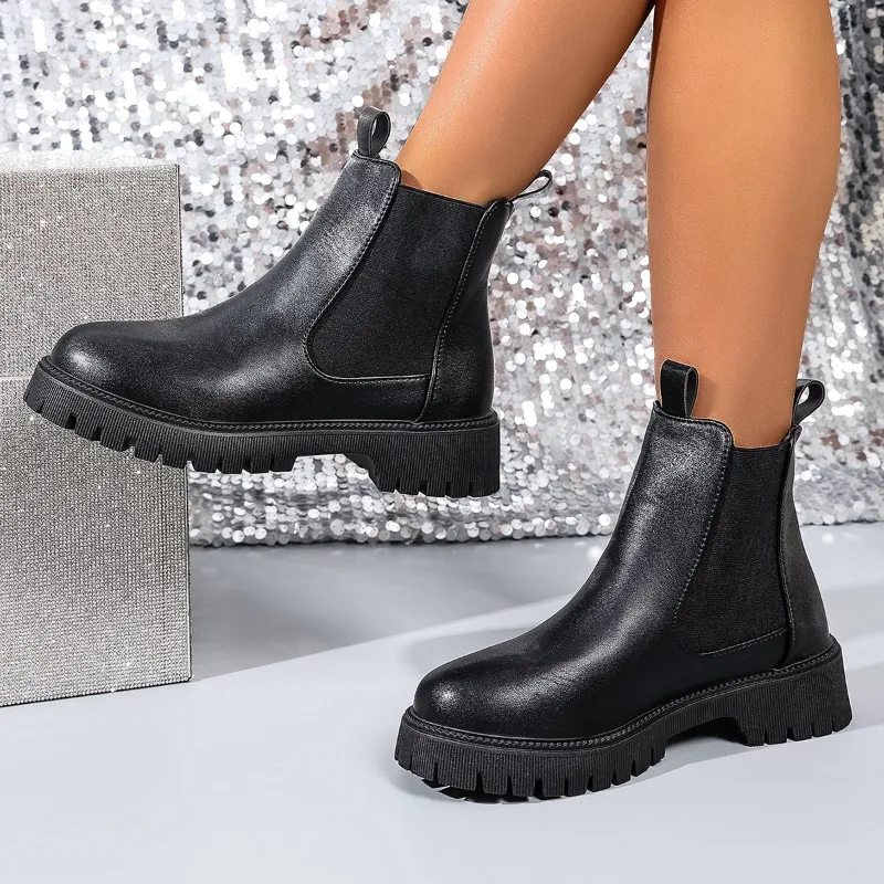 

New Womens Autumn Winter Plush Lined Boots Style Round Toe Chunky Heel Thick Sole Warm Comfortable Non-Slip Boot