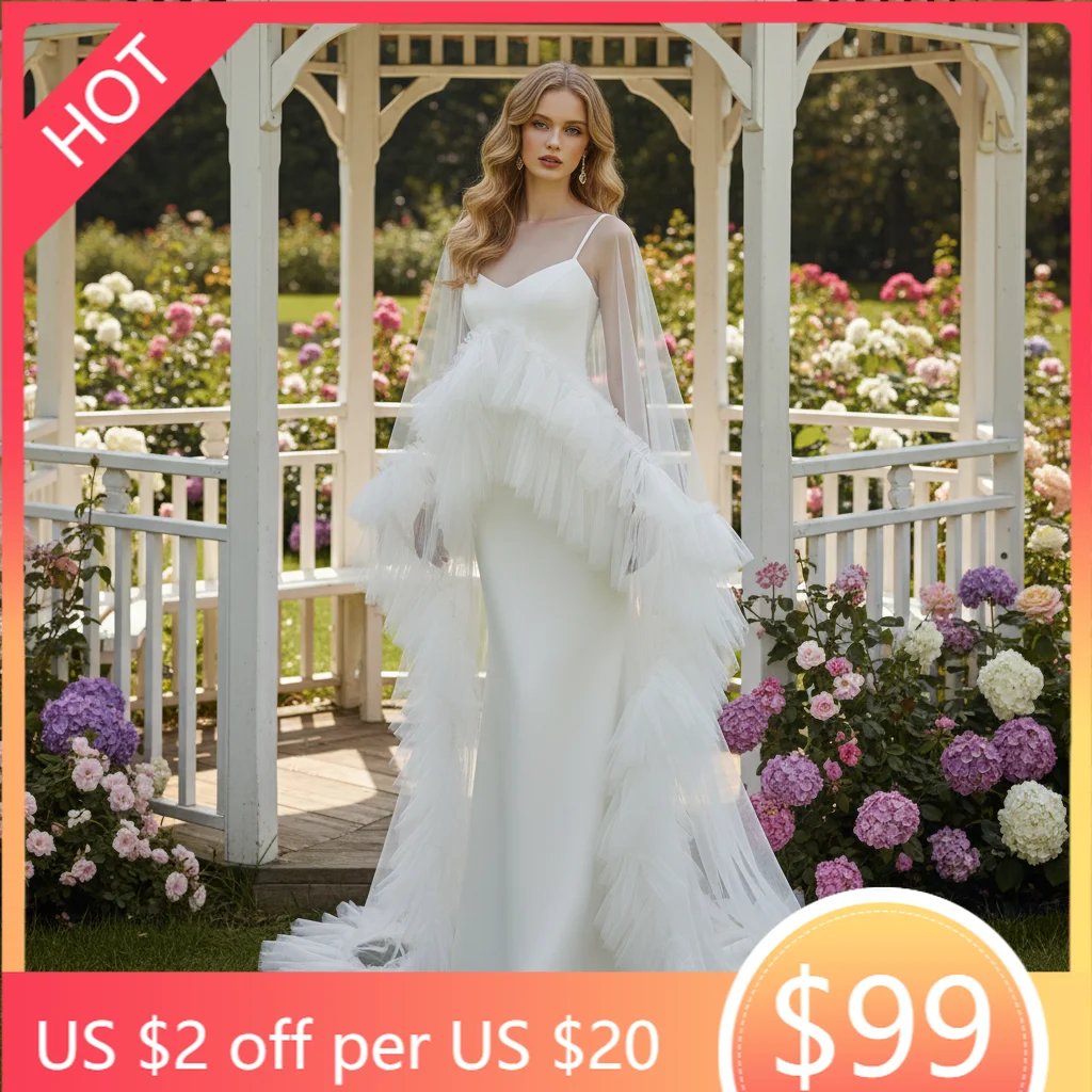 

Elegant Classic Long Bridal Shawl Multiple Layers Ruffled Edges Trailing Wedding Cape for Women Bride Formal Ceremony GP03