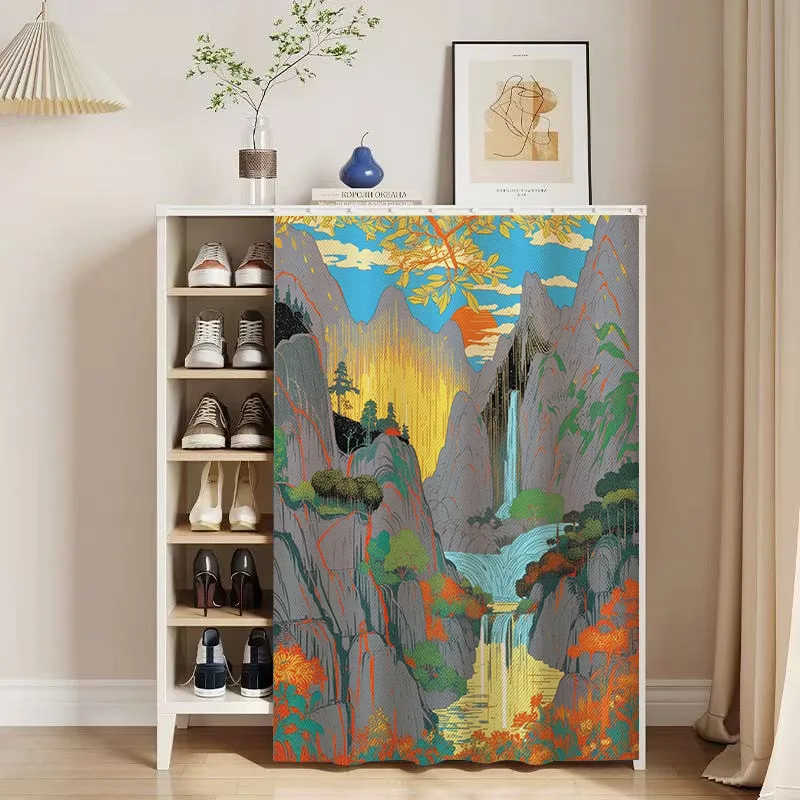 VIKAMA Ukiyo-e Landscape Cabinet Curtain Easy Install Velcro Dust Proof Storage Shelf Curtain for Kitchen Home Decor