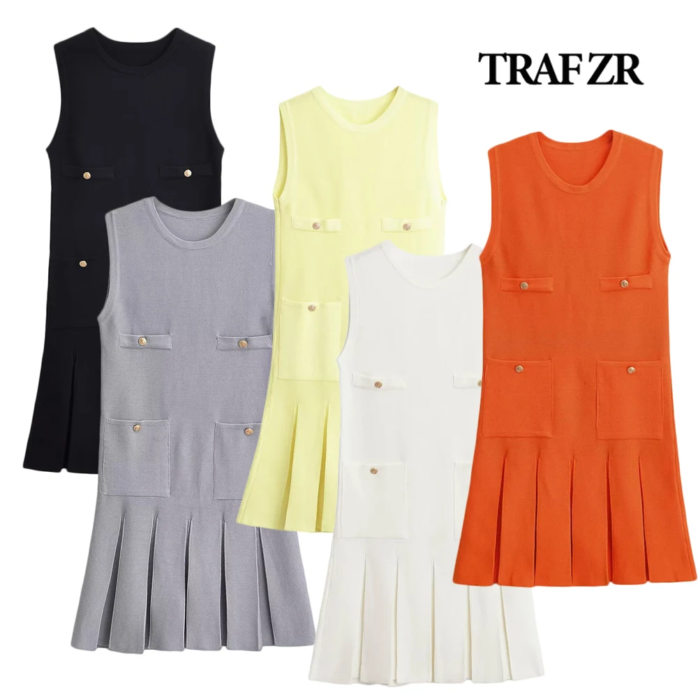 TRAF ZR Elegant Chic Knitted Mini Sundresses Front Pockets Vintage O-neck Wide Pleated A-line Dress Sweet Multi Color Knit Wear