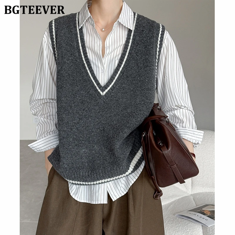 

BGTEEVER Vintage Loose Patchwork Knitted Sleeveless Vests for Women Autumn Winter V-neck Ladies Sweaters Tops