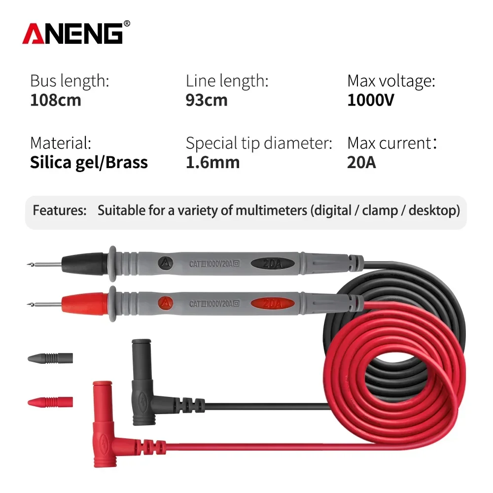 PT1034 Silicone Multimeter Test Lead + Crocodile Test Clip 1000V Flame Retardant Needle Probe