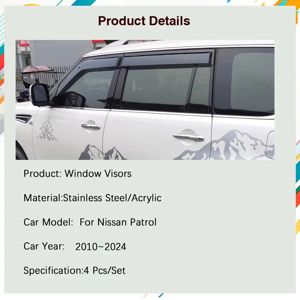 Car Window Visors For Nissan Patrol Armada Y62 2010~2024 Waterproof Sun Rain Side  Deflector  Rain Guard Covers Auto Accessories