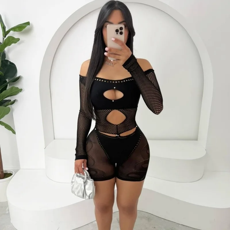 

Hollow Out Fishnet See Through Skinny Playsuit Women Sexy Slash Neck Off Shoulder Long Sleeve High Stretch Night Clubwear Romper