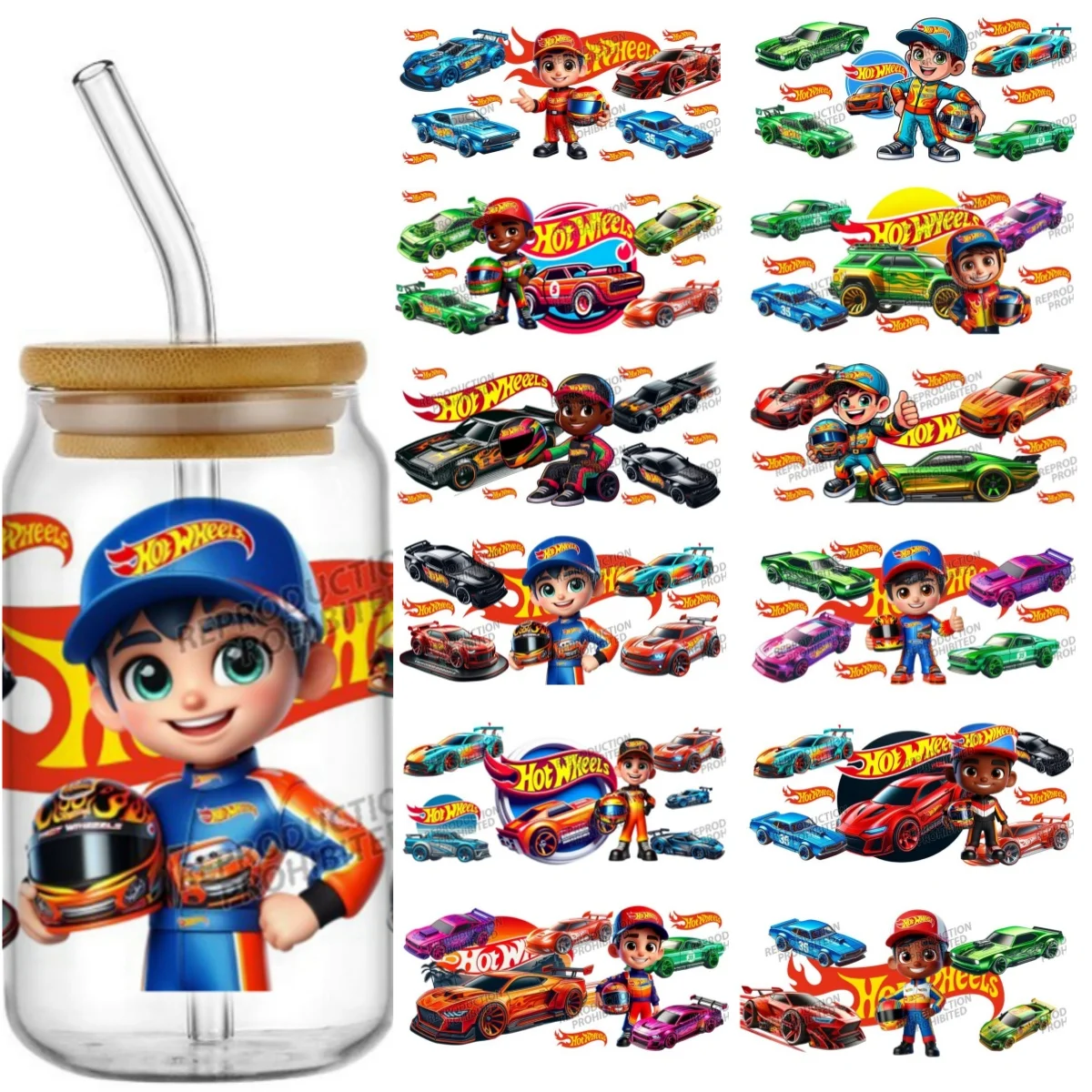 

Miniso Hot Wheel Design easy peel waterproof DIY decoration decals 3D transfers uvdtf crystal sticker 16oz uv dtf cup wraps