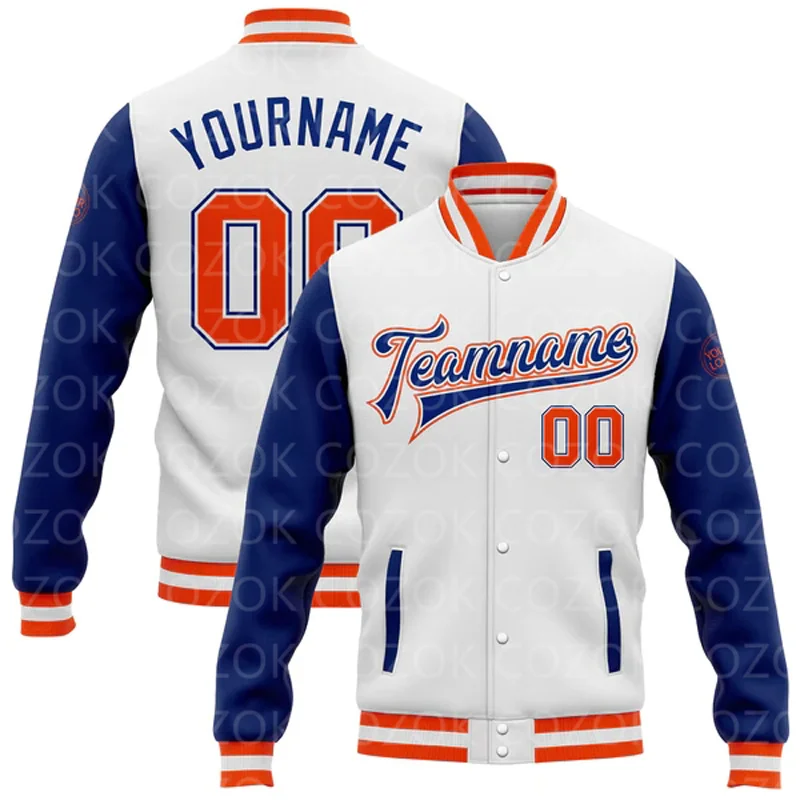 

Custom White Orange 3D Printed Raglan Sleeve Baseball Button Jacket Bomber Full-Snap Varsity Letterman Jacket