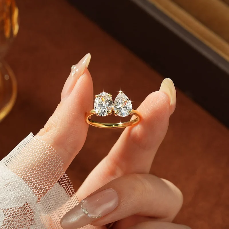 Rrjzz Birnen- & Rundschliff 7x9mm Doppel-CZ Labor-Diamant Mode Damen Verlobungsring 14k Vergoldeter Zirkonia Jubiläums-Schmuck Geschenke – Detail 5