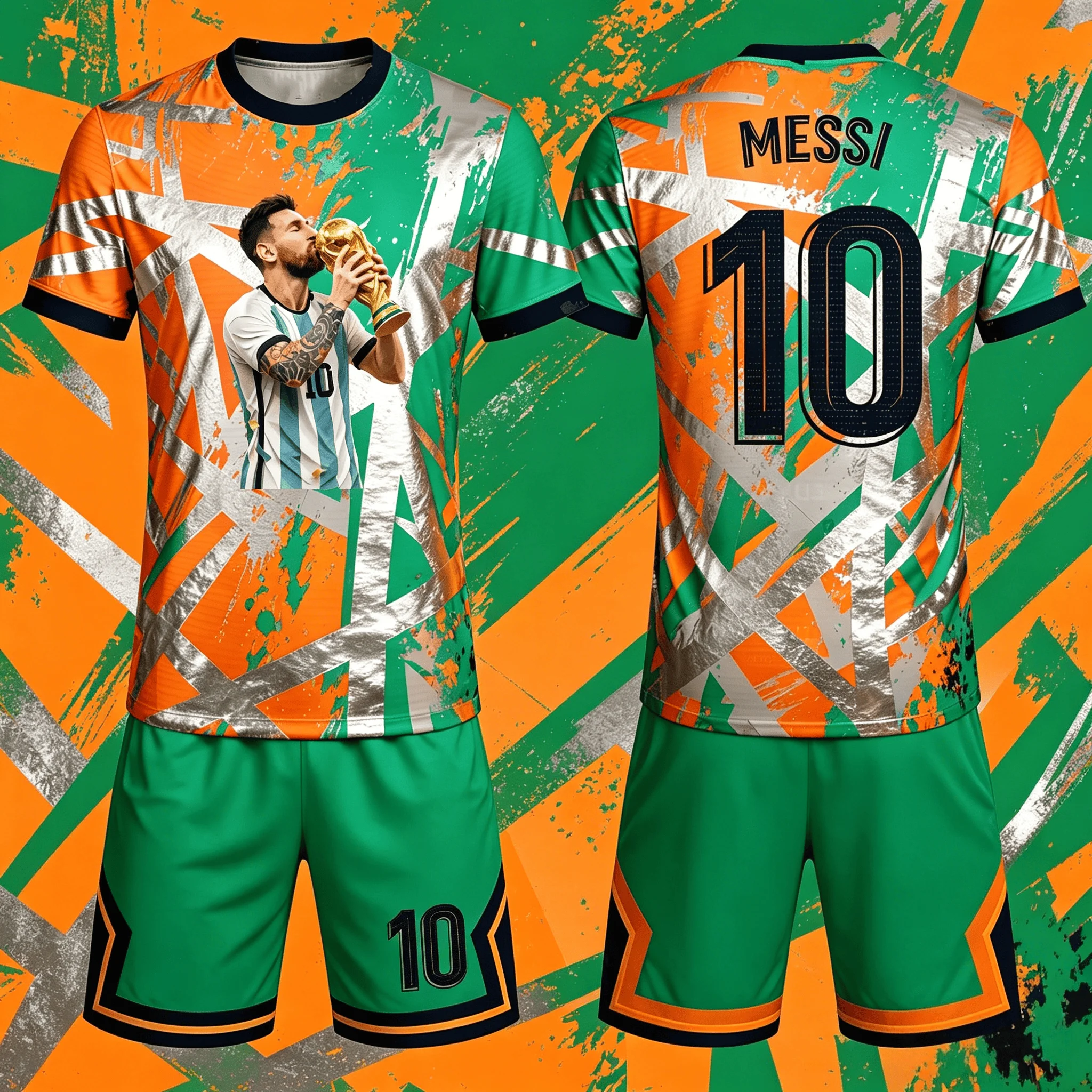 Messi-Themen-Trikot-Set mit Mehrfarbigem Spritzerfarben-Graffiti-Design, Größe 10, Bedruckt, Atmungsaktiv, Unisex, Familien-Matching-Kinder-Trikot-Set – Detail 5