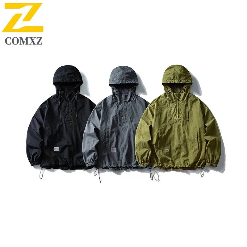 COMXZ 2025 Mens Jacket New Classics Outdoor Streetwear 3-in-1 Hooded Jacket Unisex Half-Zip Loose Autumn Pullover Windbreaker