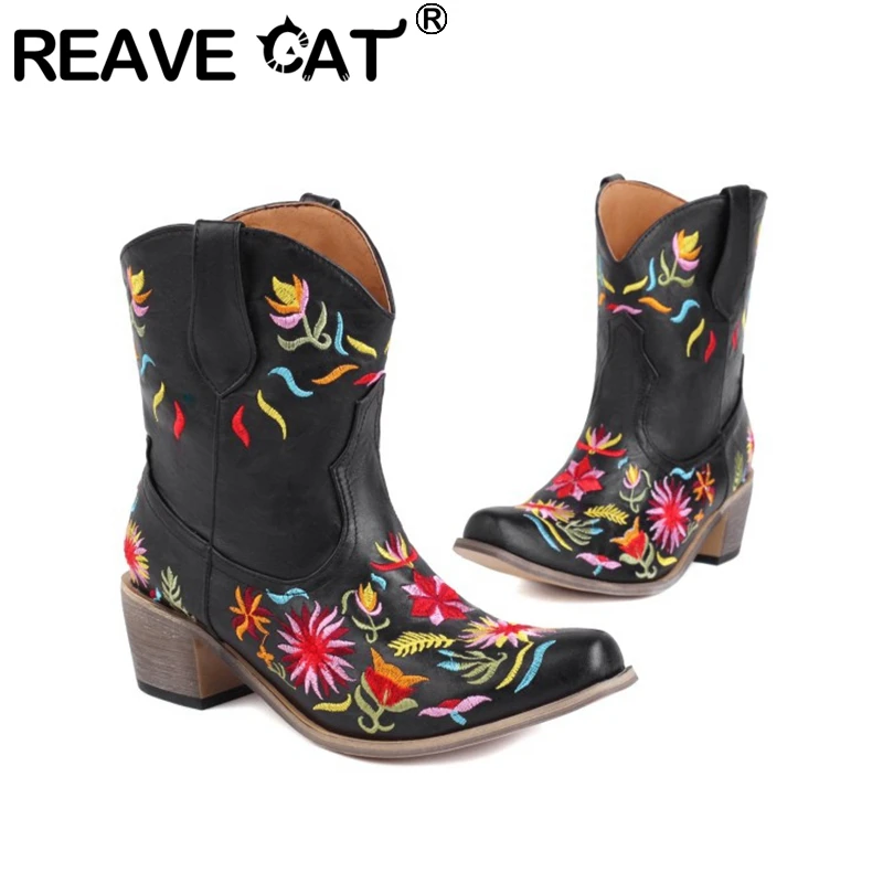 

REAVE CAT Women Ankle Boots Cowboy Pointed Toe Square Thick Heel Leather Pull on Plus Size 35-48 Black White Casual Autumn F1382