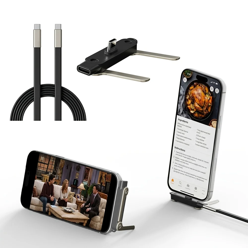 240W 2-in-1 Black/Orange Fast Charging Foldable Bracket Data Cable Type-C to Type-C Data Wire with Phone Tablet Stand