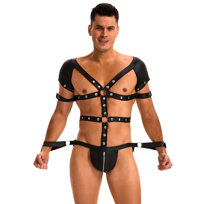 Sexy Mens PU Faux Leather bondage jumpsuit nightclub SM flirting seduction lingerie male servant uniform M-2XL