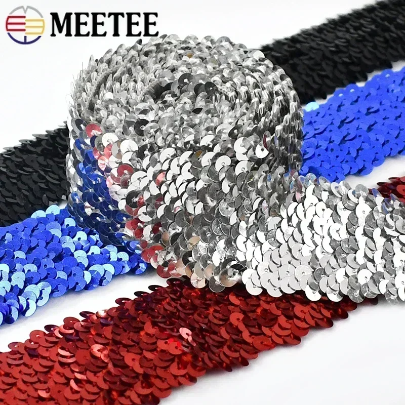 2/5/10Meters 45mm Sequined Elastic Band Lace Trim Stretch Ribbon DIY Dance Dress Clothes Decoration Applique Sewing Accessories