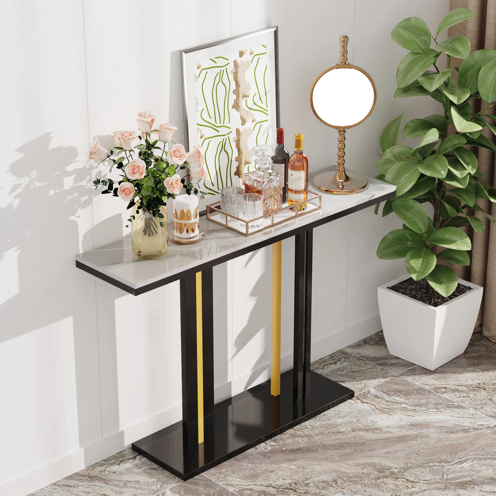 Luxurious Console Entryway Table with Sintered Stone Top and Metal Frame for Foyer Decor, Living Room Sofa Side Table