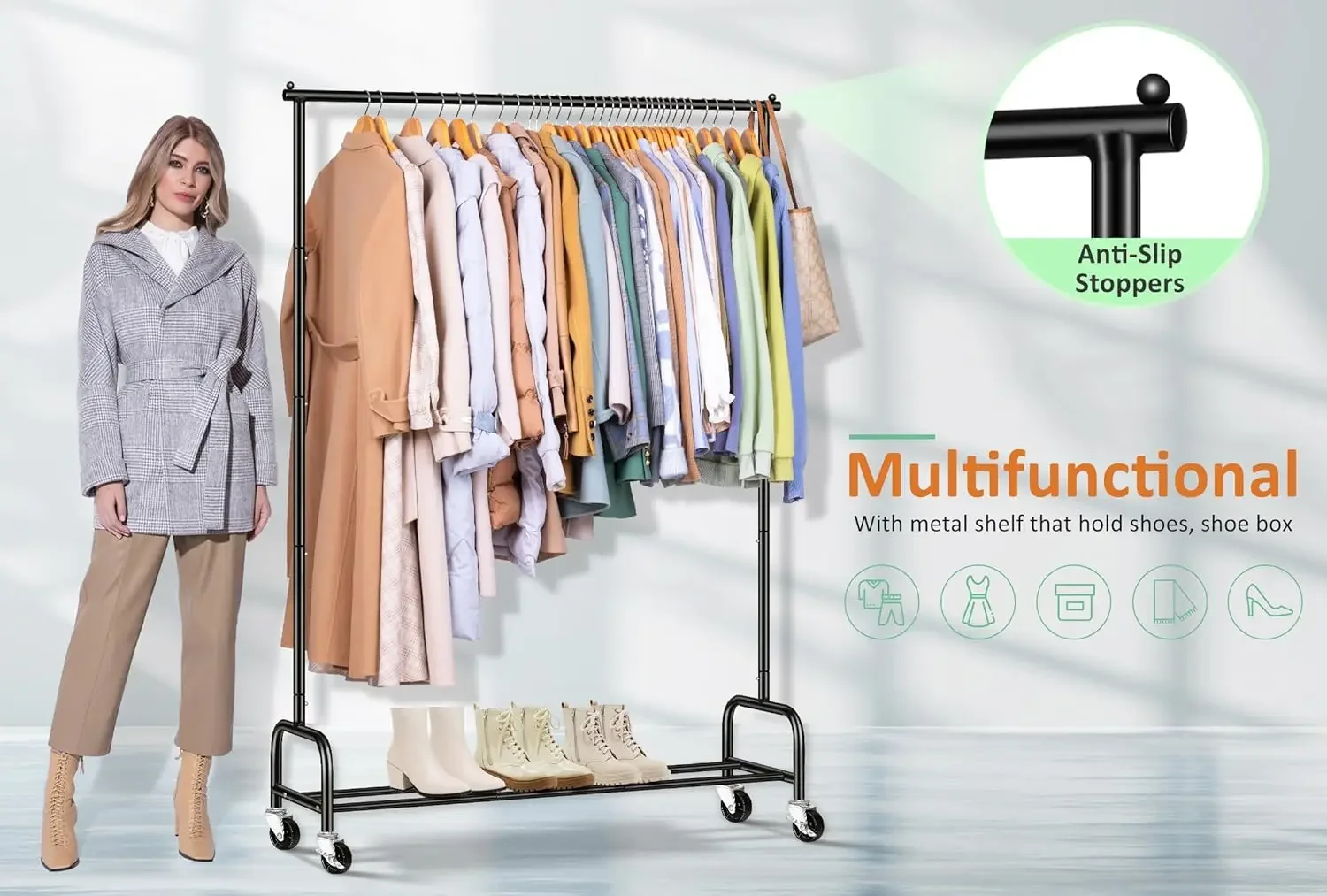Heavy Duty Clothing Racks for Hanging Clothes Rack, 43" Wide Rolling Garment Rack Metal Clothing Hanger Rack with Wheels