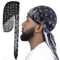 Yeni erkekler saten Paisley baskılı Durag türban bandanalar şapkalar ipeksi DuRag Doo Rag uzun kuyruk korsan şapkası dalga kapaklar saç aksesuarları