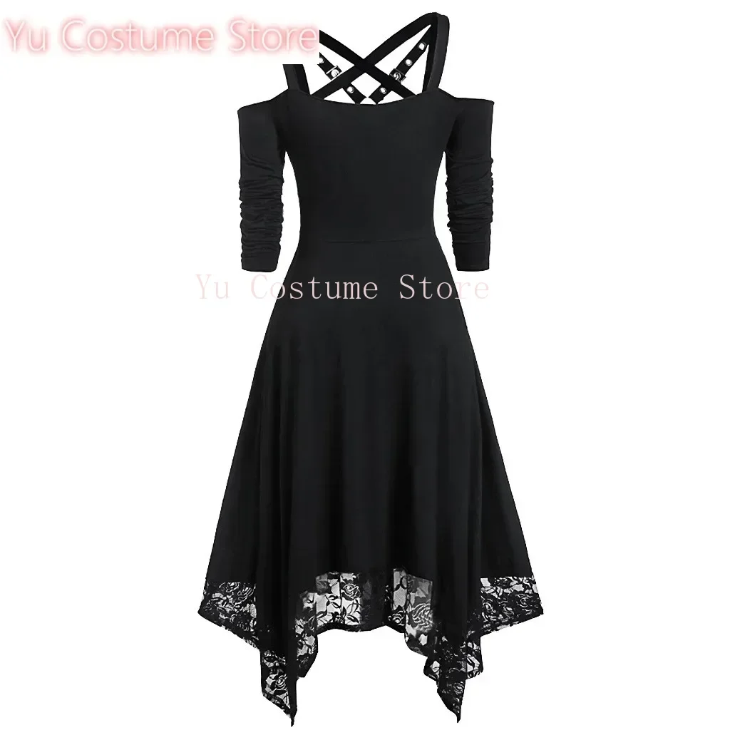 

Yu Sexy Open Back Gothic Black Suspenders Dress Halloween Cosplay Off Shoulder High Waist A-line Irregular Lace Hem Party Dress