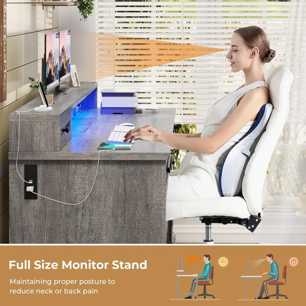 Farmhouse Executive Desk with File Drawer, Computer Desk with Charging Station & LED Lights, Home Office Desk with Drawers