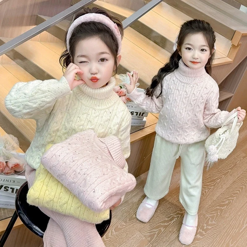 

Girls' All-in-one Velvet Color Dot Fried Dough Twists High Neck Sweater 2026 Winter New Fashion Girl Baby Pullover Sweater