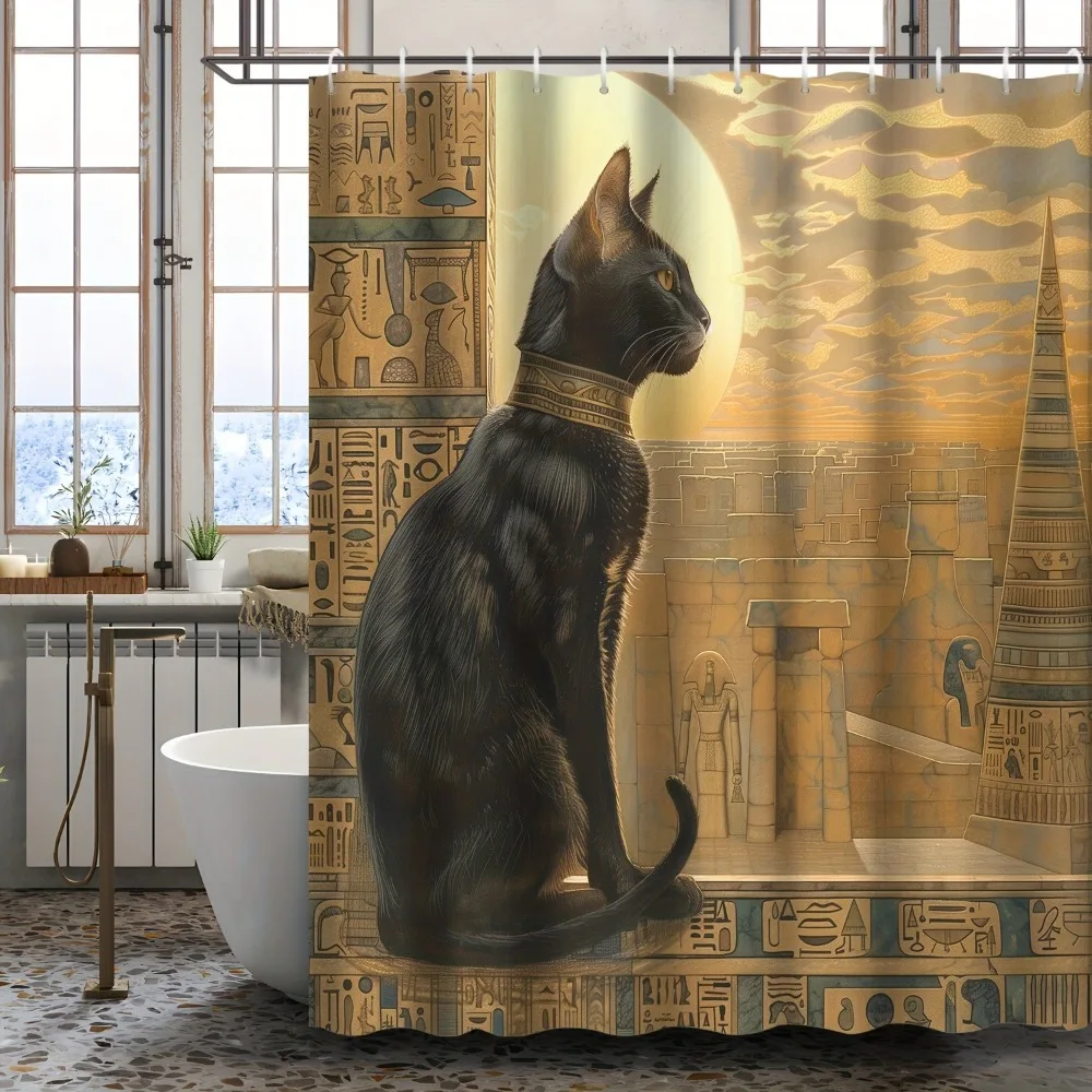 

Black Cat and Architectural Theme Washable Dirt-Resistant Shower Curtain Shower Head waterproof Polyester Bath Curtain