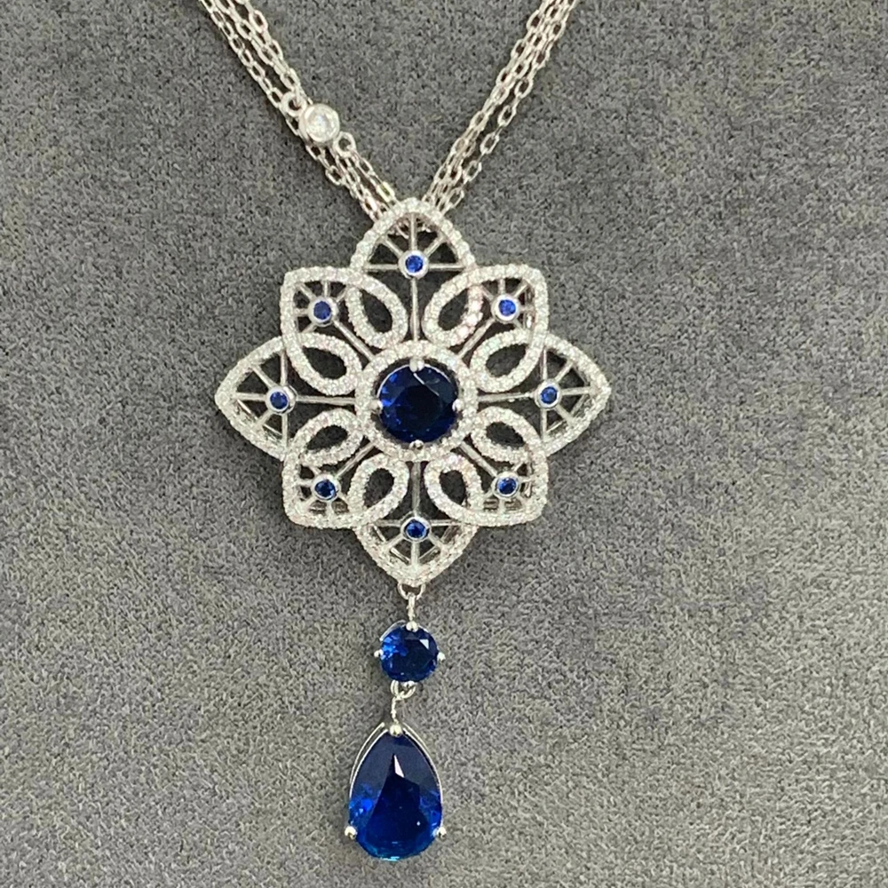 Wong Rain 100% 925 Sterling Silver Pear Cut Sapphire High Carbon Diamond Gemstone Flower Pendant Necklace Fine Jewelry Gifts