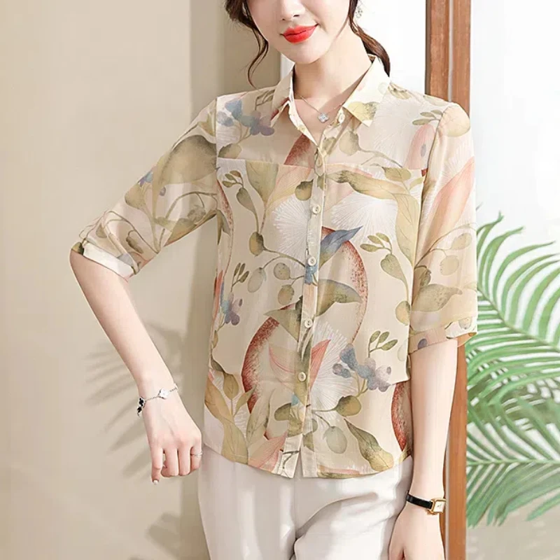 2024 Summer Women\'s New Patchwork Polo Shirts Button Printing Fashion Loose Comfortable All-match Half Sleeves Blouses Shirts