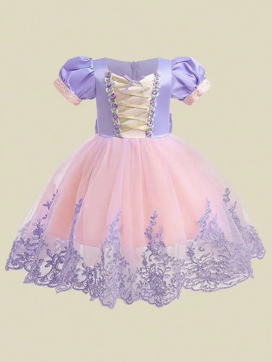 

Elegant Lace Trim Tulle Satin Criss-Cross Back Evening Dress With Bow