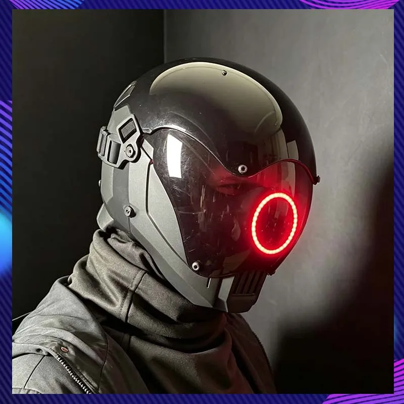 Cyber Punk Mask Halloween Sci-Fi Mechanical Mask With Circular Red Light Cosplay Mech Soldier Helmet Party Carnival Coser Props