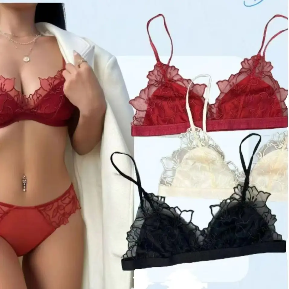 KUCLUT French-style Sexy Embroidered Lace Triangle Cup Wire-Free Comfortable Ultra-Thin Bra, Pure and Tempting, Makes Large Bust