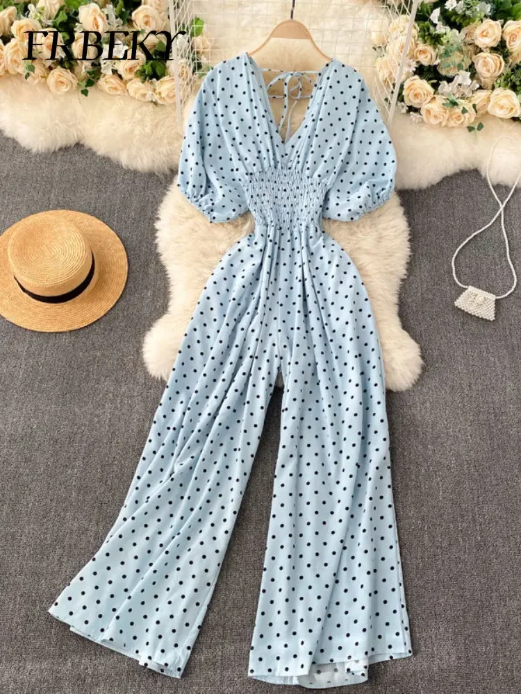Mono con estampado de lunares para mujer, traje de una pieza con cuello en V, cintura alta, pierna ancha, informal, elegante, para fiesta, Verano