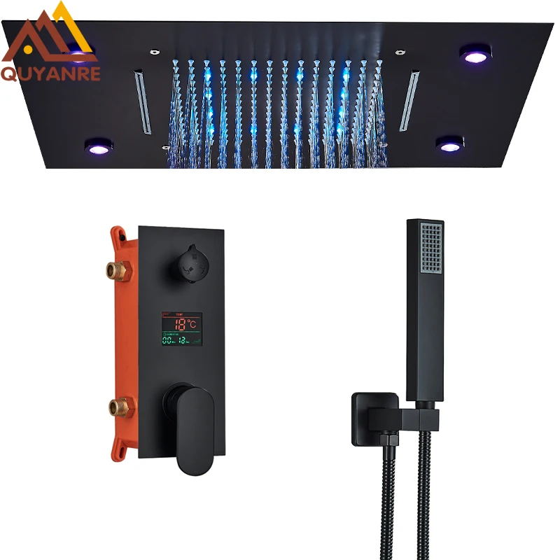 Grifo de ducha LED negro de lujo, Sistema de ducha de cascada de lluvia, pantalla Digital de 3 vías, mezclador de ducha de baño