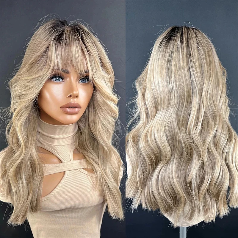 

New Lace Frontal Wig Natural Women Wigs with Bangs Ash Blonde Highlights Short Bob Human Hair Lace Wig Glueless Loose Deep Qearl