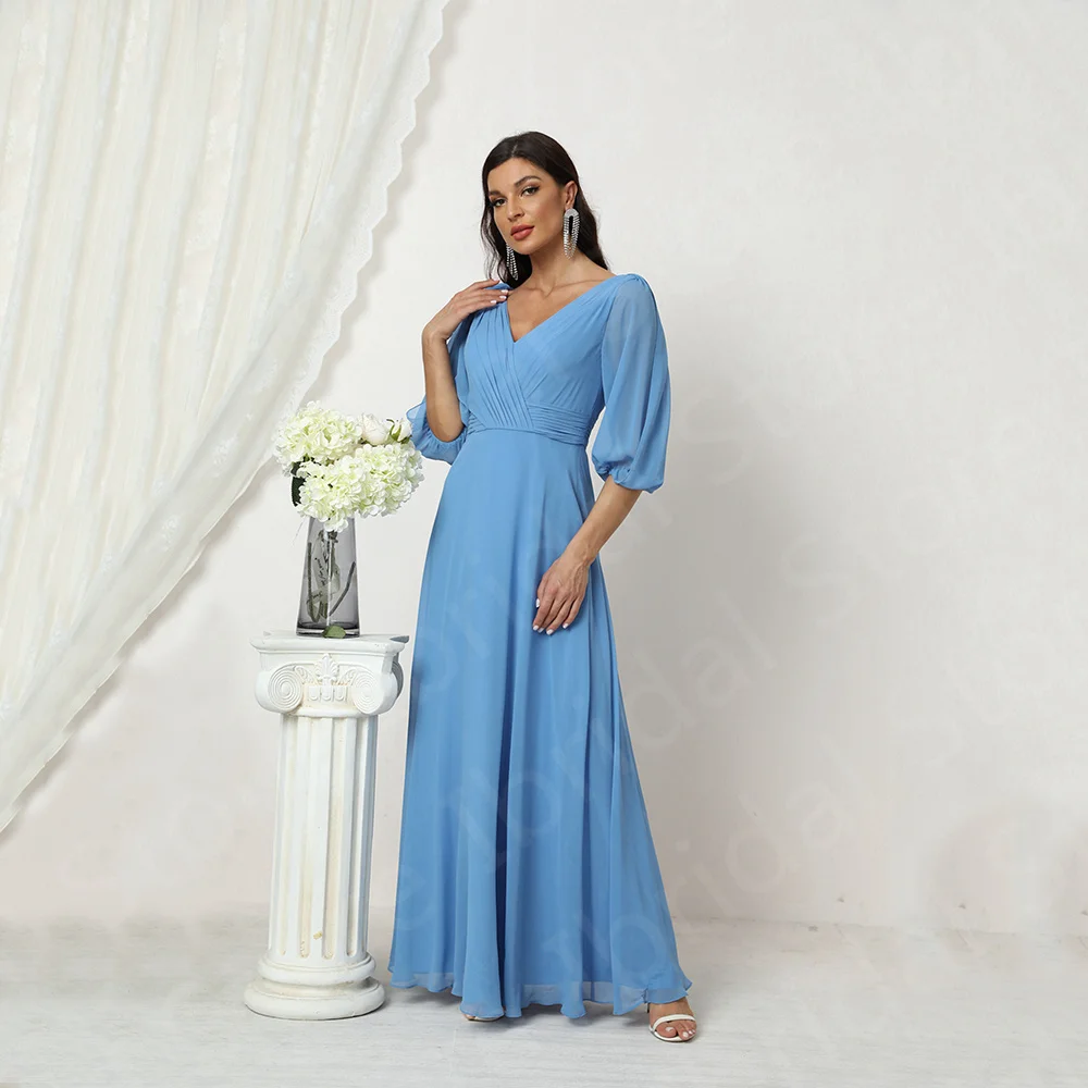 Charming Real Sample Mother of the Bride Dresses Blue Chiffon  Dress V Neckline 3/4 Sleeves Wedding Guest Gowns Back Out