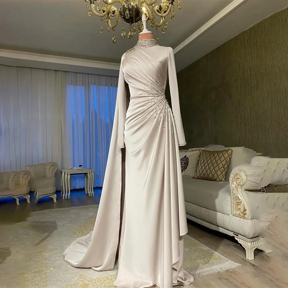 JDYカスタムシャンパンサテンビーズ装飾ハイネック高級イブニングドレスモダンスタイルウェディングパーティガウン